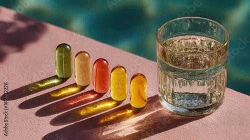Colorful gel capsules positioned on a pink surface near a glass of water with a pool in the background during daytime