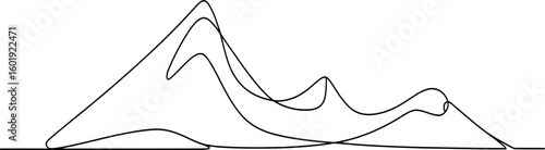 Minimalist continuous line drawing of majestic mountain peaks isolated on white background