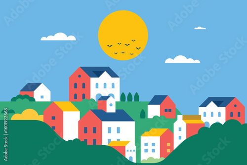 Flat illustration vector in bright colors. Geometric house background design	