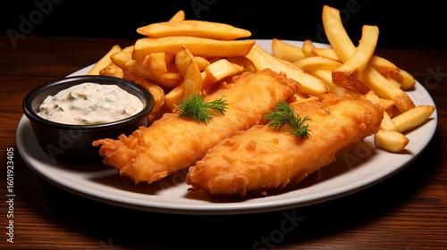  In junk food Crispy fish and chips served with the white creamy sauce.