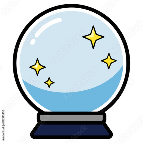 Mystical glowing crystal ball surrounded by twinkling stars and ethereal light effects