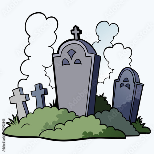 Eerie graveyard scene with crooked tombstones shrouded in atmospheric mist