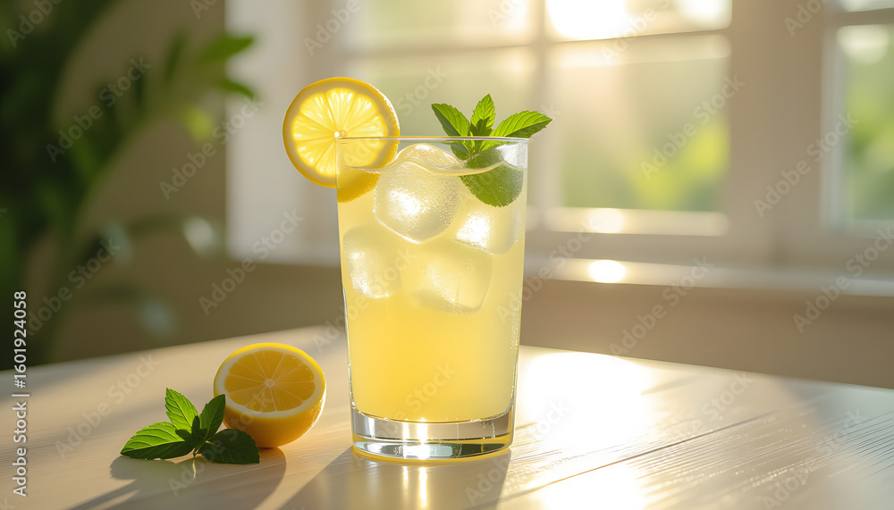 Fototapeta premium Refreshing Lemonade Drink with Ice and Slices