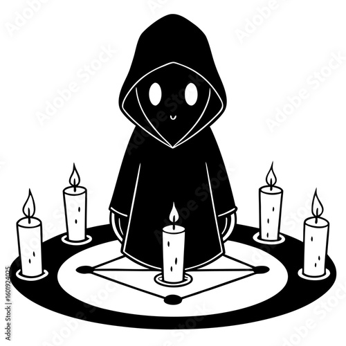 Mysterious hooded figure performing a ritual with candles and a summoning circle