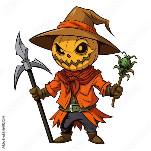 Detailed illustration of a scarecrow with a pumpkin head holding a scythe suitable for banners and advertisements