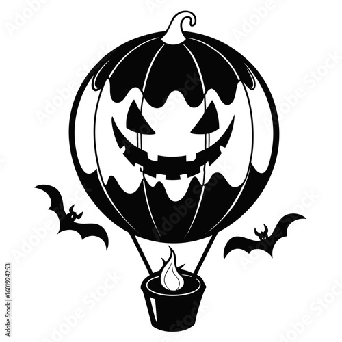 Spooky halloween pumpkin hot air balloon with fiery flames and flying bats