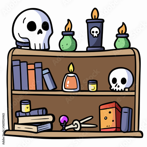 Mysterious bookshelf filled with skulls potion bottles and arcane objects for halloween