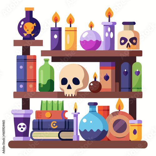 Spooky bookshelf illustration featuring skulls potion bottles and mysterious objects for halloween or gothic themes