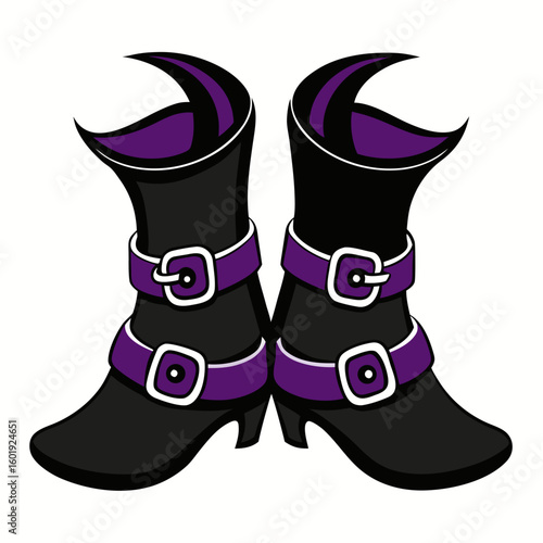 Whimsical black witch boots with curled toes and decorative buckles