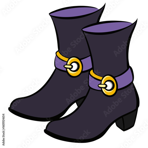 Black witch boots with curled toes and decorative buckles a classic halloween footwear design