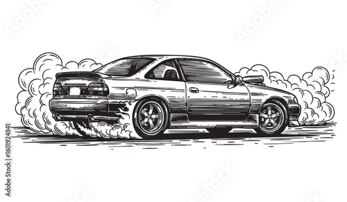 burnout wheel drifting car engraving vector illustration