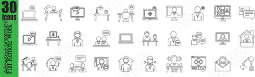 High-Quality Flat Icons Illustrating Modern Remote Work Concepts and Digital Communication Tools