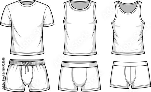 Men’s innerwear set, front view, CAD flat illustration, vector design, fashion technical drawing, white undershirts, boxer briefs, shorts mockup