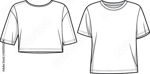 Front view cropped t-shirt and regular t-shirt flat sketch, fashion vector cad drawing, technical clothing template, apparel design illustration