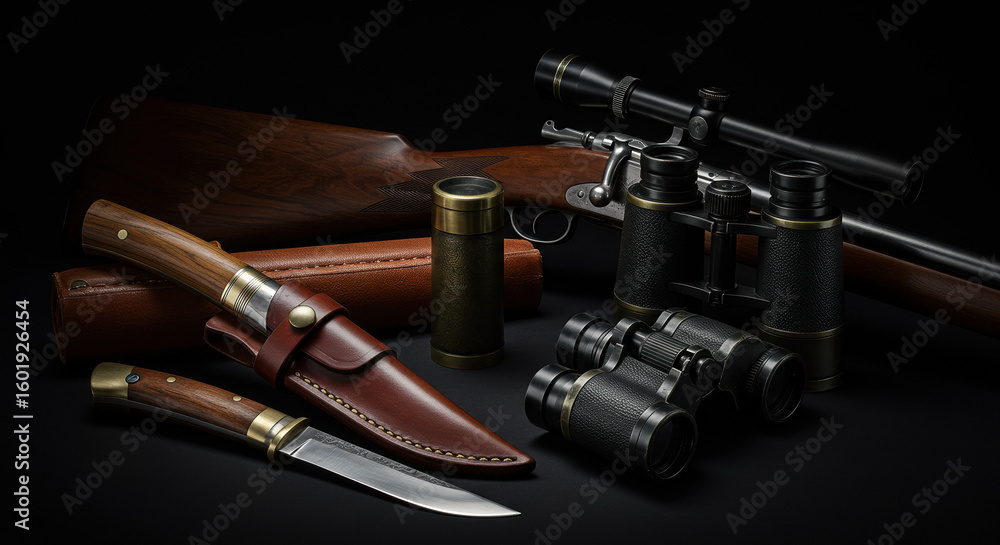 Obraz premium Hunting equipment collection on dark background