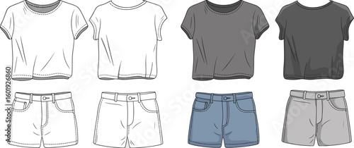 Cropped t-shirt and high waist shorts front back flat sketch, technical cad drawing, vector fashion design, clothing template illustration