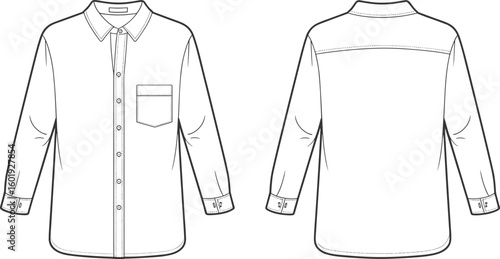 Button down shirt fashion flat, long sleeve technical sketch, front and back view, chest pocket design, vector apparel drawing, template