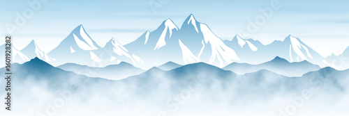 Mountain ranges in the fog, panoramic view, vector illustration