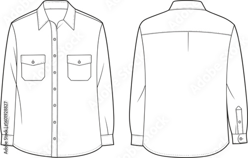 Classic button down shirt front and back view, double flap pocket, long sleeves, curved hemline, technical fashion sketch, vector drawing