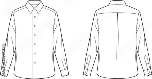 Flat vector illustration of formal button down shirt with long sleeves, CAD technical drawing template, fashion design flat sketch