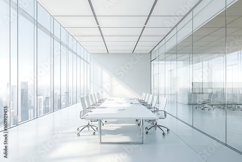 Bright modern office conference room with city view and large windows, perfect for meetings