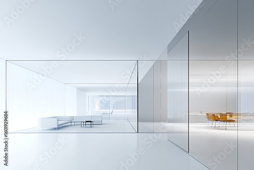 Minimalist modern interior design with glass partition and white decor for contemporary living