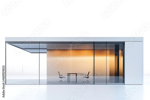 Modern office interior with glass walls, table and chairs for meetings, workspace design