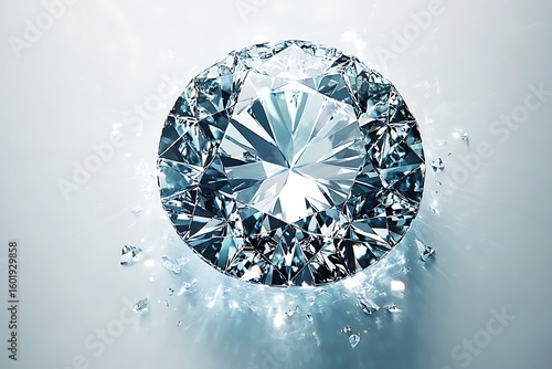 Sparkling Diamond Gemstone with Shattered Fragments and Reflections on Light Surface, Luxury Concept
