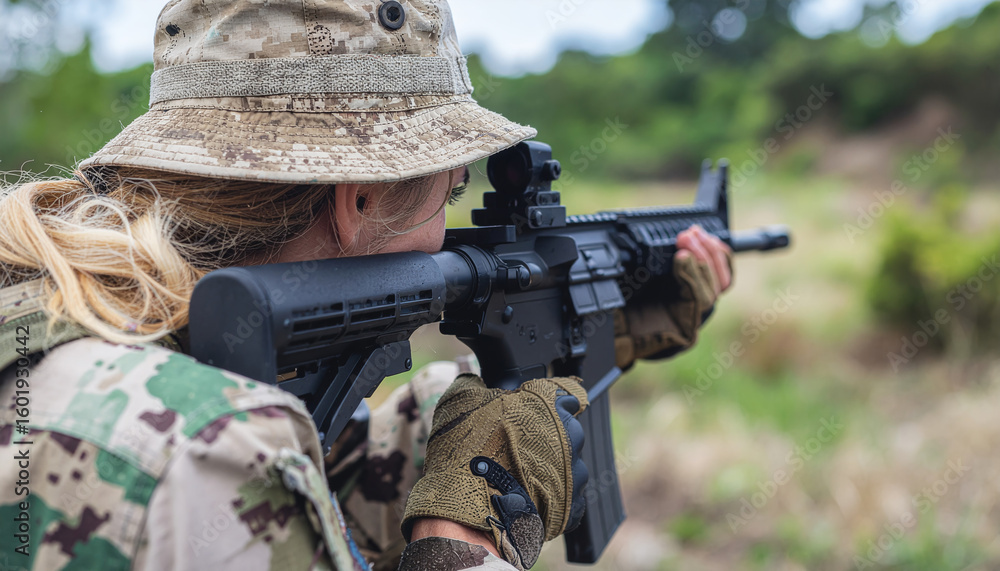 Fototapeta premium A female soldier points her gun forward.