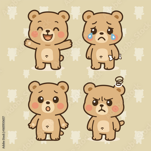 Adorable cartoon teddy bear character expressing happy, sad, surprised, and angry emotions on a seamless beige background.