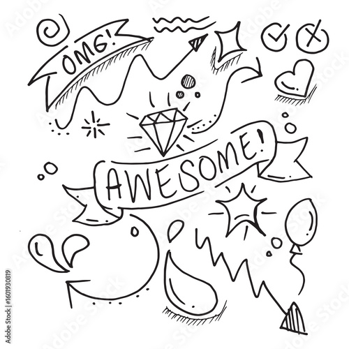 Hand-drawn doodles with ribbons, stars and diamond, saying OMG! and AWESOME!
