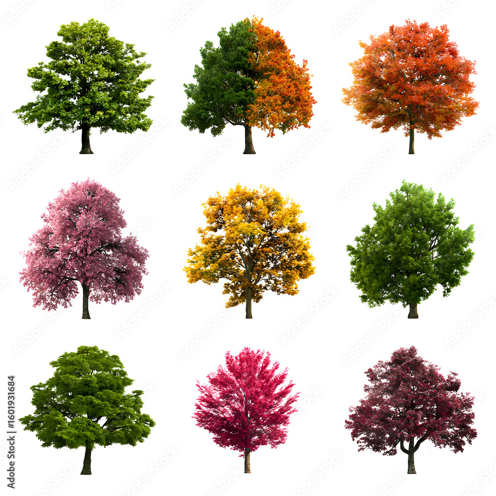 Fototapeta premium Collection of Isolated Trees Exhibiting Vibrant Autumn Colors on Black Background