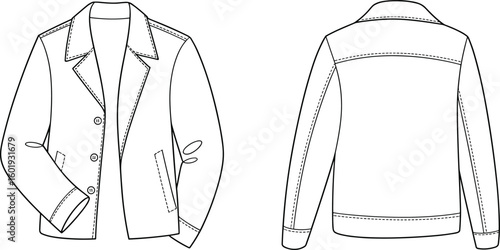 lassic blazer fashion flat, technical clothing sketch, front and back view, long sleeve tailored jacket, vector illustration, design template, apparel