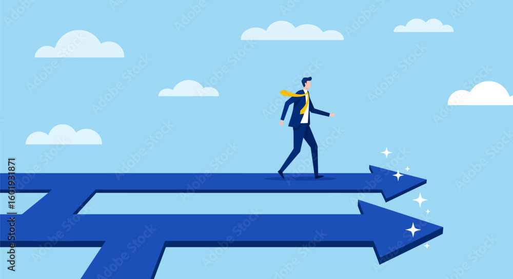 Obraz premium Confident Businessman Walking Forward on Interconnected Blue Arrows Toward Opportunity – Flat Vector Pathway Illustration