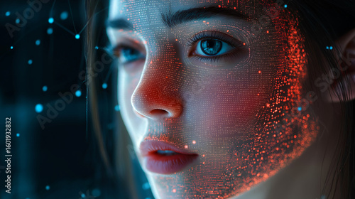 3D human face mesh with code overlays and scanning grids