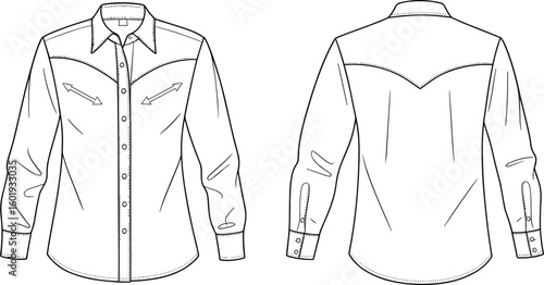 Long sleeve western shirt technical flat sketch, button-up shirt front and back view, fashion garment design, cad vector illustration