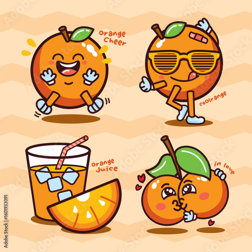 Playful cartoon oranges with different personalities and emotions, including juice, love, joy, and coolness on a fun background.
