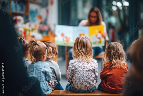 Children attentively listening to a story being read in a colorful, cozy classroom setting