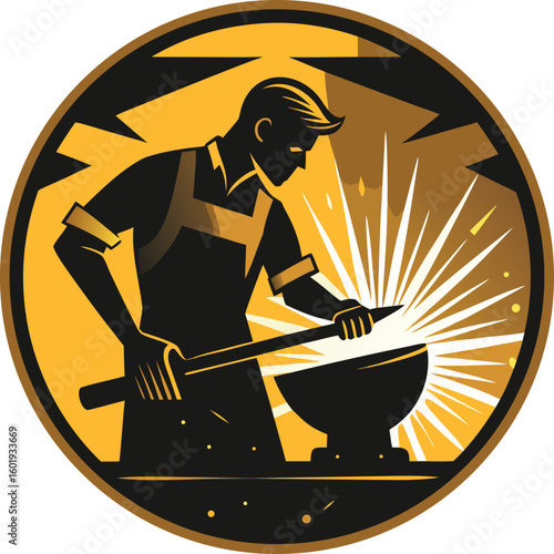 Blacksmith working with hammer on anvil with sparks metalworking forge