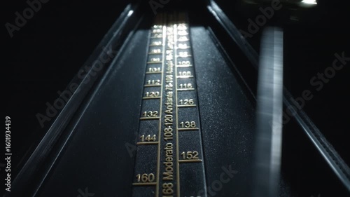 Dolly shot of a vintage black metronome swinging back and forth