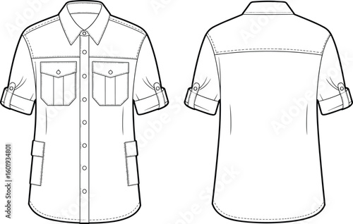 Short sleeve shirt flat drawing, front and back view, roll tab sleeve, cargo pockets, button up, technical fashion sketch