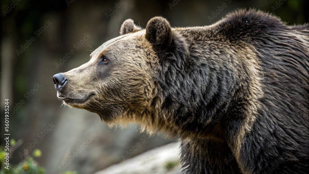 Obraz premium A captivating portrait of a brown bear cub in its natural forest habitat, showcasing the wild mammal's fur and the inherent danger of this magnificent predator