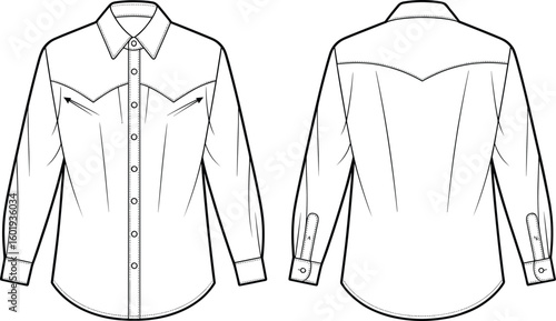 Western style shirt front and back, pointed yoke detail, button-down fashion shirt sketch, long sleeve vector, CAD apparel drawing