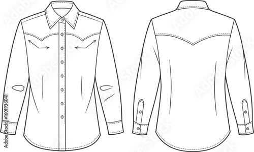 Western style shirt flat sketch, long sleeve front and back view, pointed yoke detail, button down, fashion technical drawing