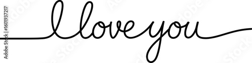Handwritten i love you text in continuous line art isolated on white background