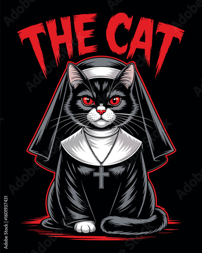 The cat nun with red eyes and cross pendant t shirt design