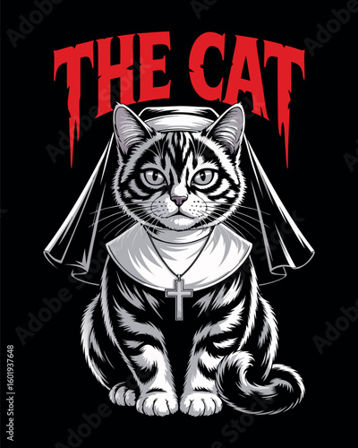 The cat nun with cross pendant graphic apparel t shirt design