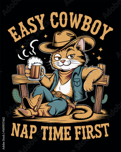 Easy cowboy nap time first with cat wearing hat t-shirt design