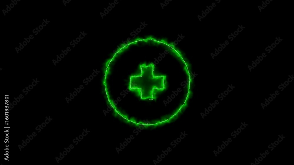 Glowing green medical cross symbol encased in a circle on a black background Glowing green medical cross symbol encased in a circle on a black background