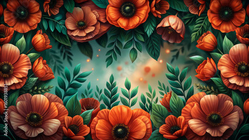 Wallpaper Mural Vibrant Floral Arrangement with Orange Poppies and Lush Green Foliage in Soft Background Torontodigital.ca